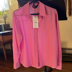 Vibrant Pink Button-Up Blouse. Satin feel.